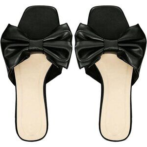 Women's Bow Black Square Open Toe Breathable Slip On Slide Sandals Flat Shoes